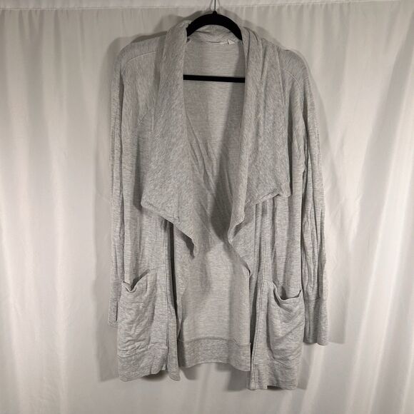 Athleta Cardigan Women's Medium Grey White Open Front Pockets Modal Blend - Picture 1 of 9